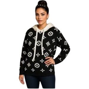 Designer Black and Ivory 100% Cashmere Hoodie Sweater